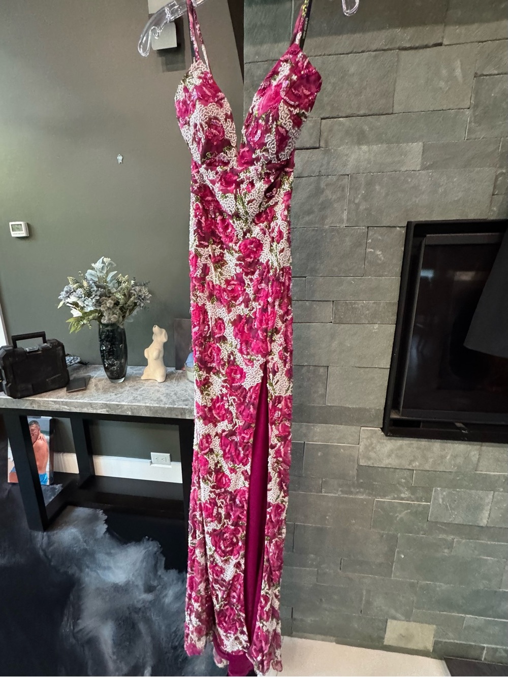 Sherri Hill Fuchsia Floral V-Neck Maxi Dress with Side Slit